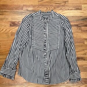 J.Crew Striped Ruffle-Trim Button-Up Blouse - Navy & White